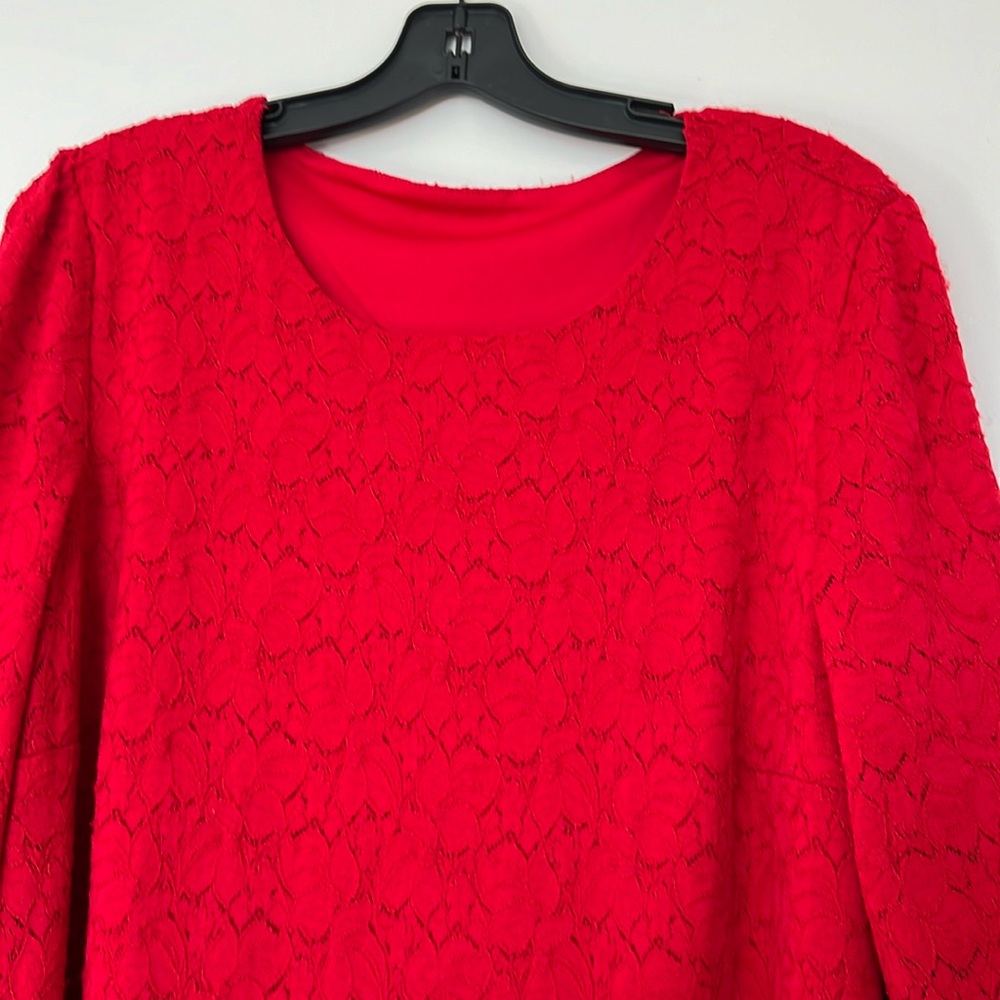 Red lace trapeze knee long three quarter sleeve dress.  Size 14. Fully lined